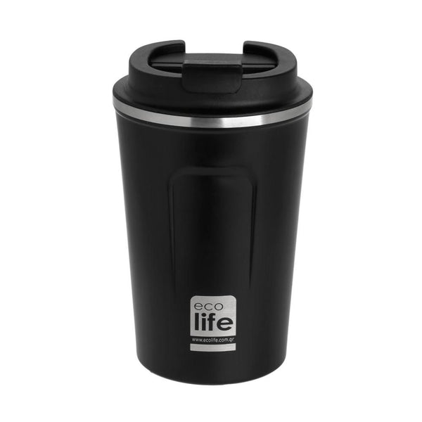 Black insulated travel mug with a silver lid on a white background, featuring the 'ecolife' brand.