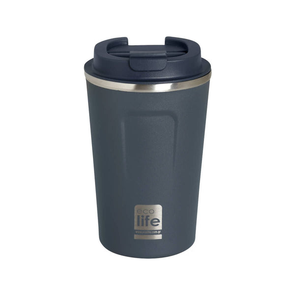 Navy blue insulated mug with a silver lid on a white background