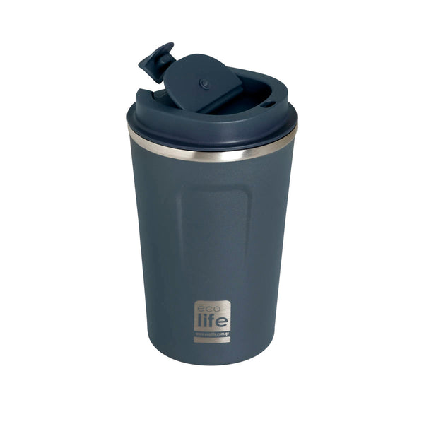 ecolife Navy blue insulated mug with a silver rim on a white background