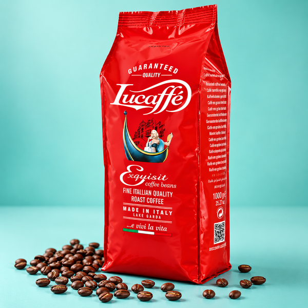 Lucaffè Exquisit espresso σε κόκκους 1kg, κόκκινη συσκευασία σε φόντο μέντας – S-Coffeehouse