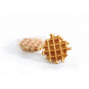 Two waffle-shaped cookies on a white background